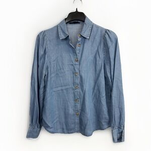 Jane Delancey Chambray Button Up Shirt Women's XS‎ Long Bishop Sleeve Blue Jean